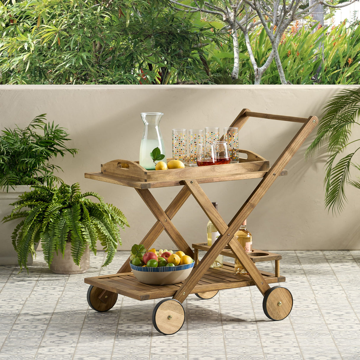 Riviera Bar Cart Stained Mobile With Wheels For Entertaining - Natural Stained