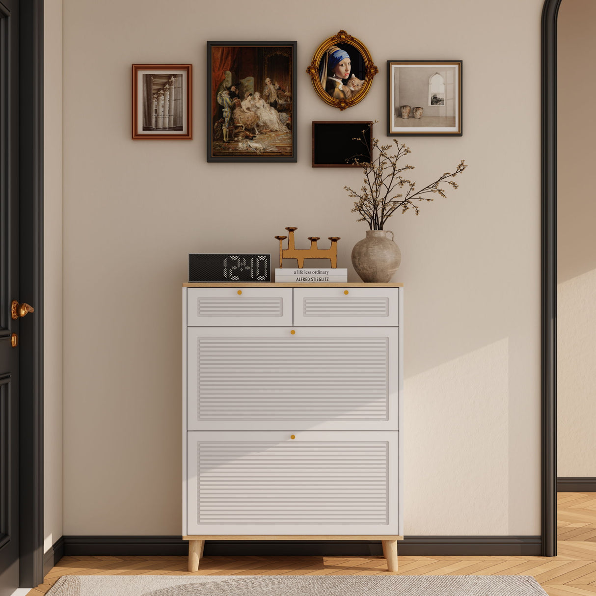 Modern Freestanding Shoe Cabinet With Flip Up Doors And Drawers, Compact Design For Entryway - White Natural