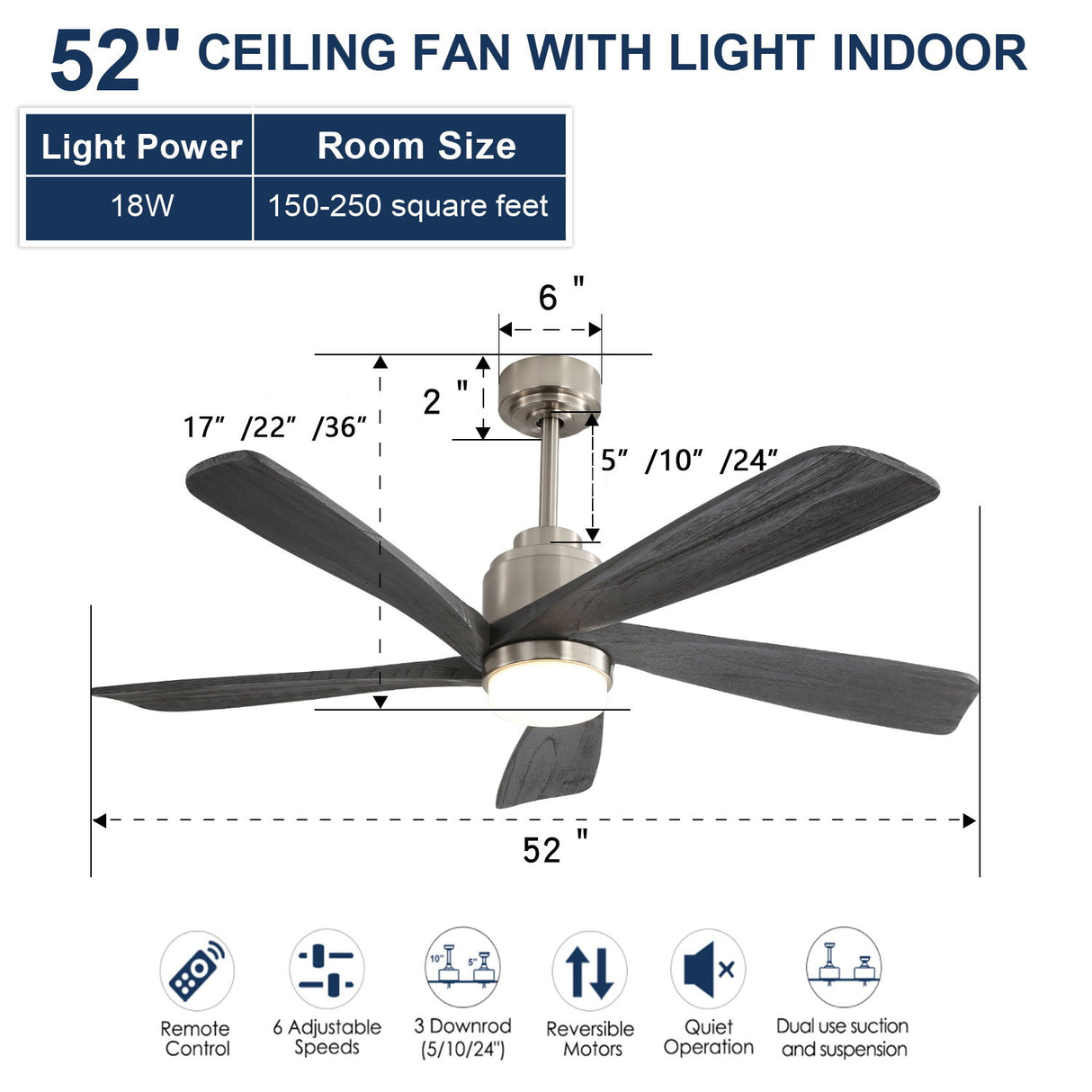 Modern Ceiling Fan With Dimmable LED Light 5 Solid Wood Blades Remote Control Reversible Dc Motor With Smart App Control - Nickel