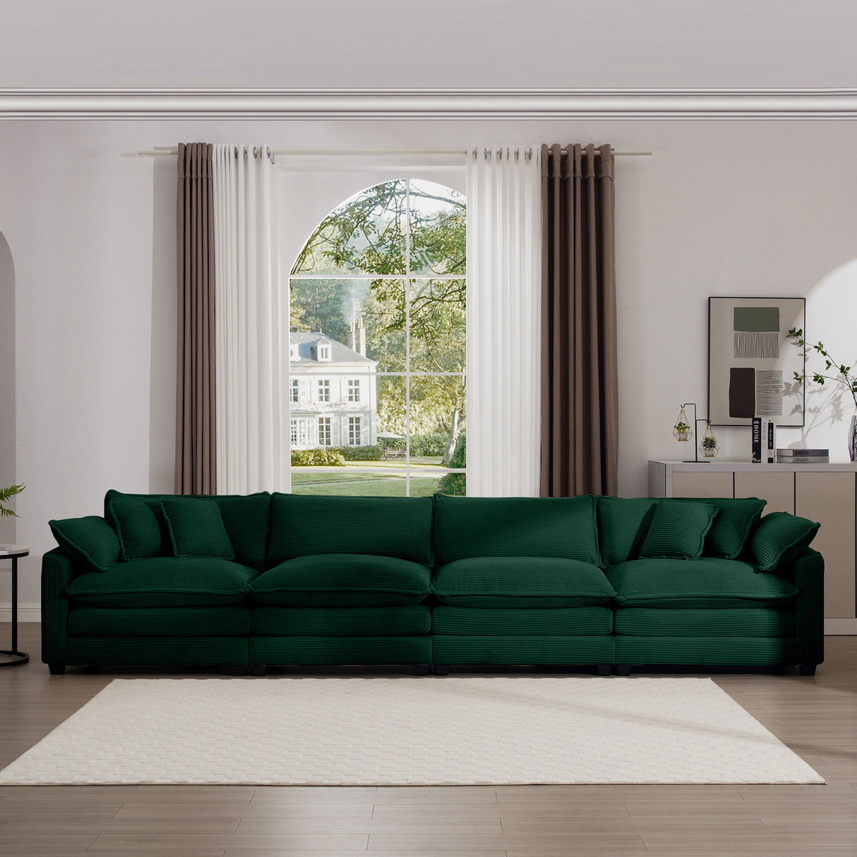 Modern Upholstered 4 Seater Corduroy Fabric Sofa With Arm And Throw Pillows