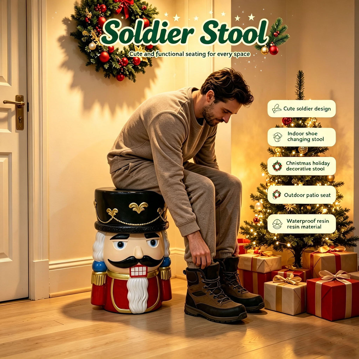 Classic Nutcracker Soldier Stool, Retro Christmas Decor Figurine Seat, Indoor Outdoor Use - Black / Red