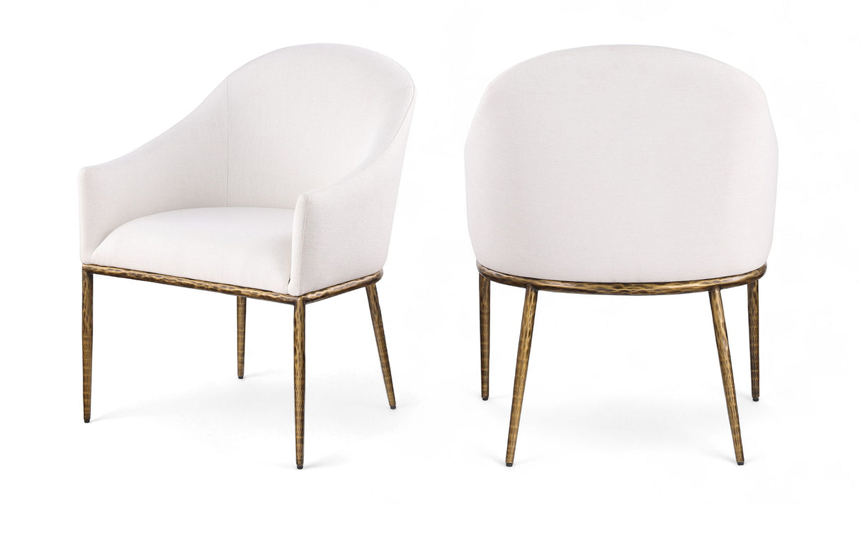 Ferro - Linen Textured Performance Fabric Upholstered Dining Arm Chair - Cream / Brushed Gold
