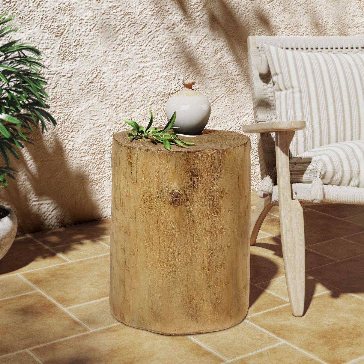 Hand Painted Wood Stump Style Outdoor Side Table - Light Brown