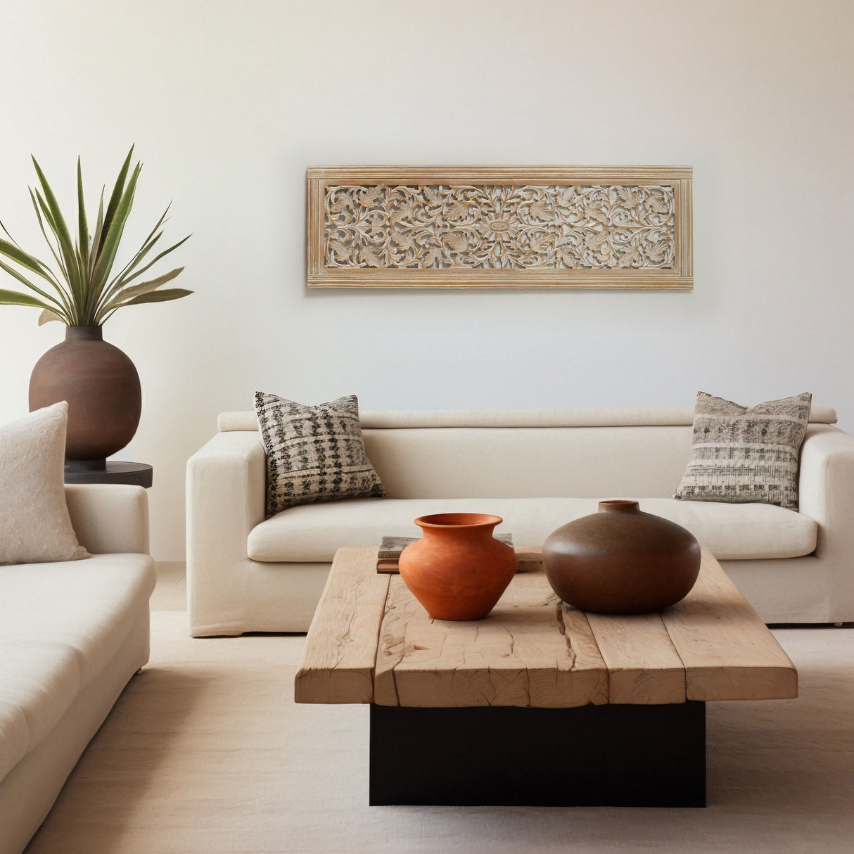 Floral Hand Carved Mandala Rectangular Wall Decor Accent - Gold / White