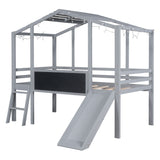Loft House Bed With Ladder And Slide, With Blackboard And Light Strip On The Roof