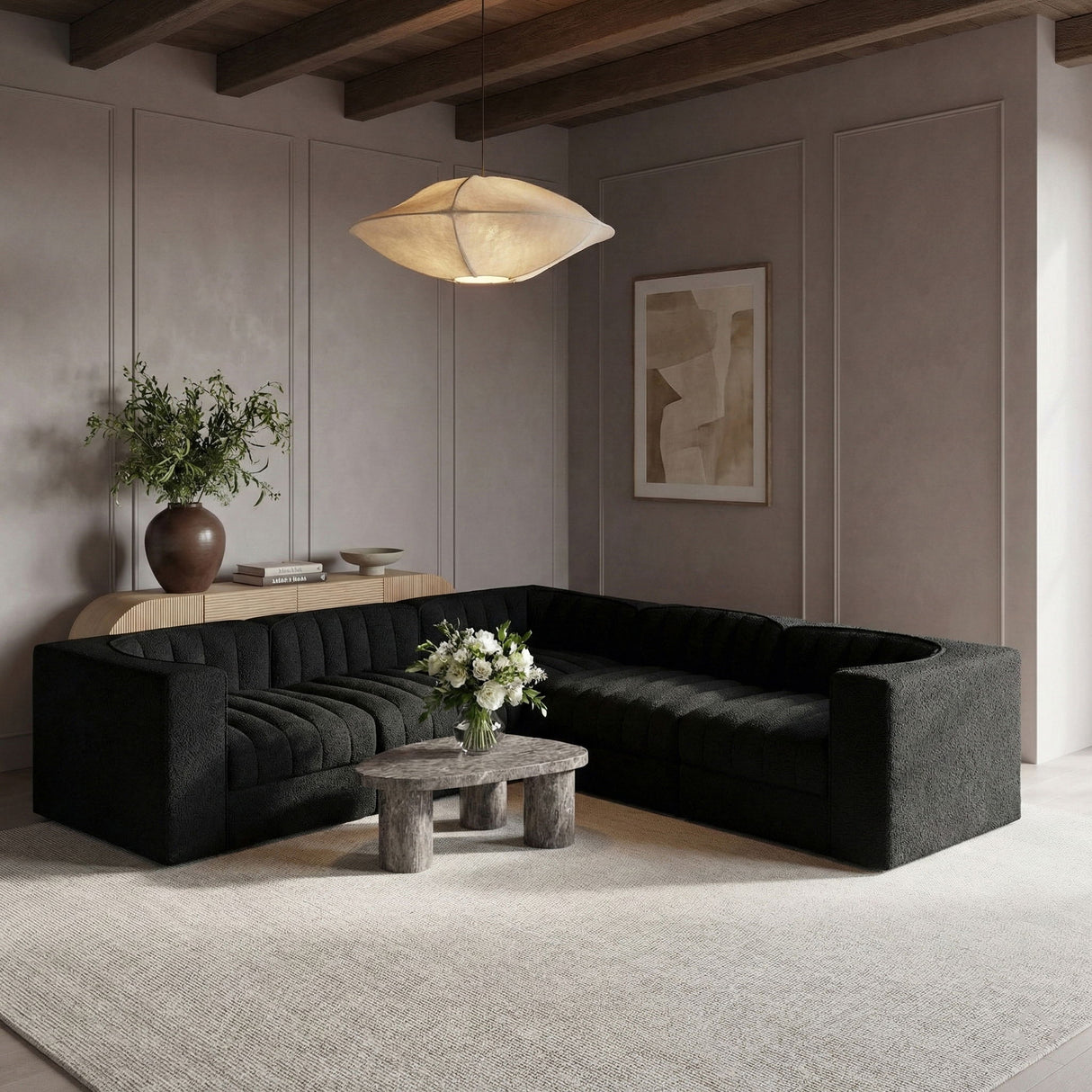 Rummi - Symmetrical Velvet Performance Fabric Upholstered 5 Piece Modular Sectional