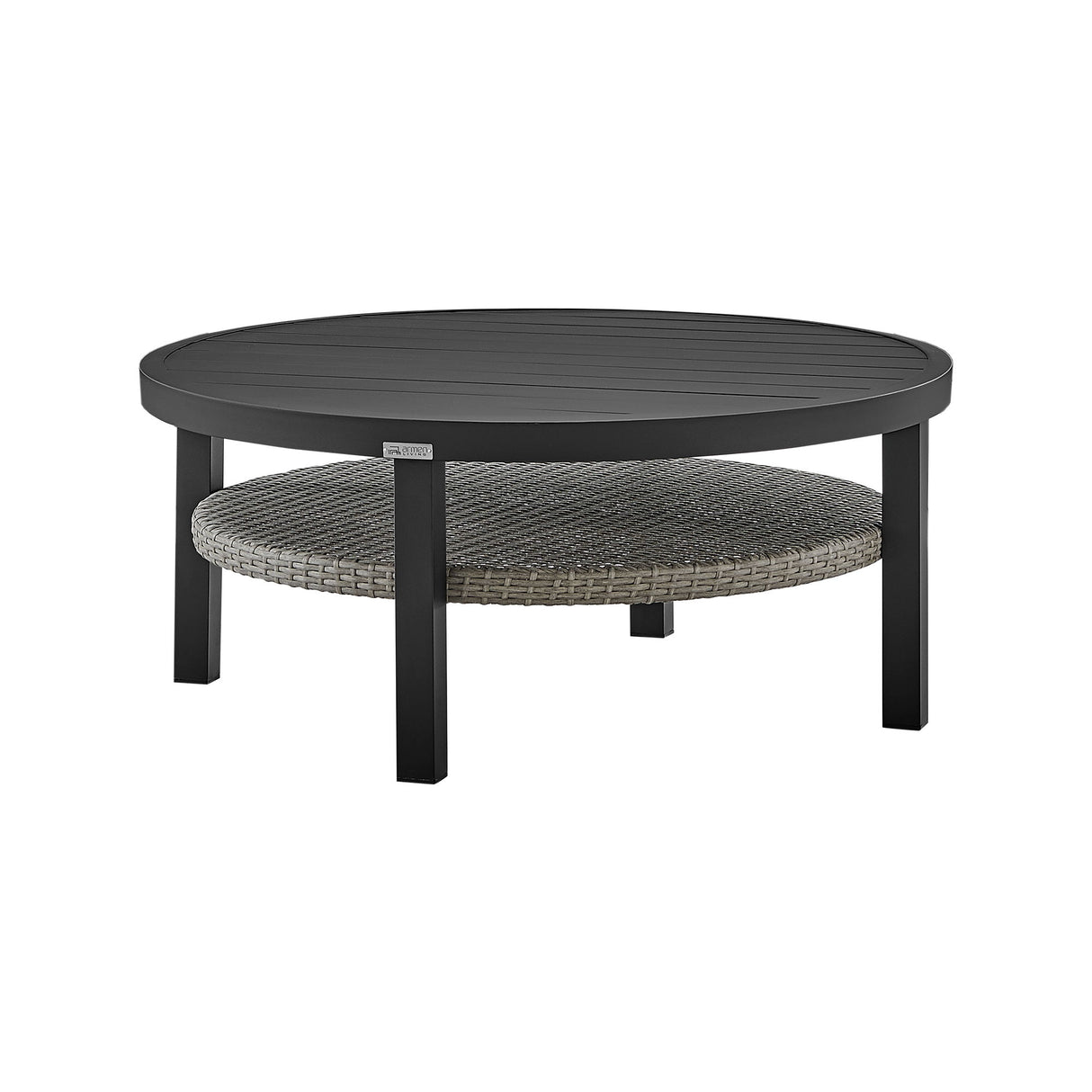 Palma - Outdoor Patio Round Coffee Table With Wicker Shelf - Black / Gray