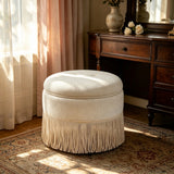 Round Storage Ottoman With Tassel, Decorative Accent Pouf For Living Room