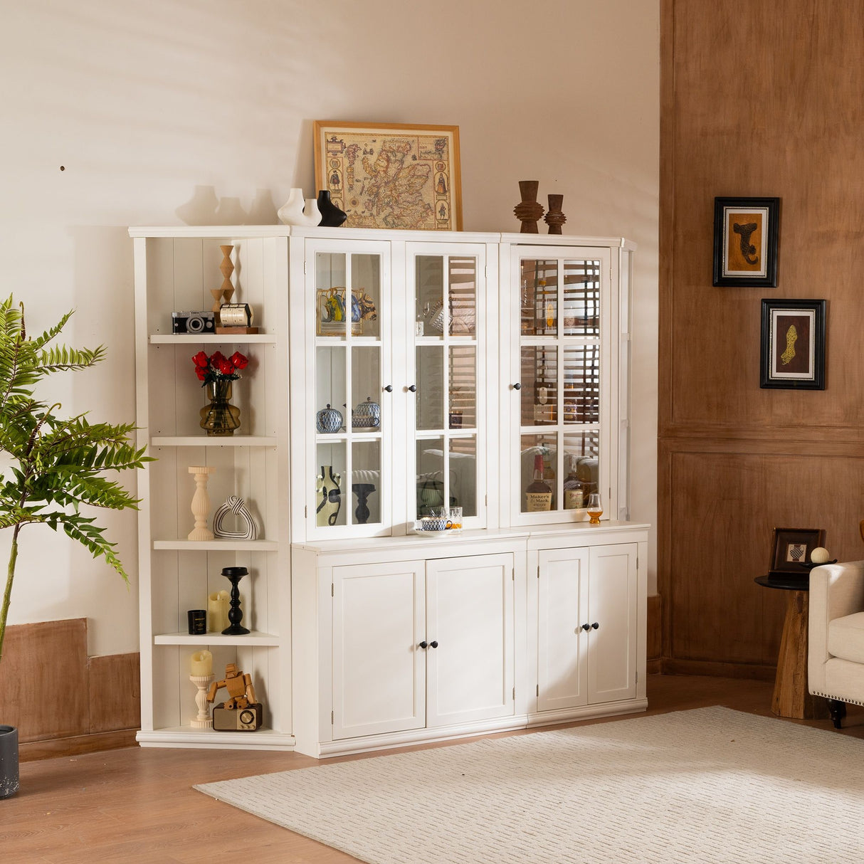 Retro Style Wall Suit With Glass Doors, 75.25" Tall Display Cabinets & Triangle Sided Bookshelves - White