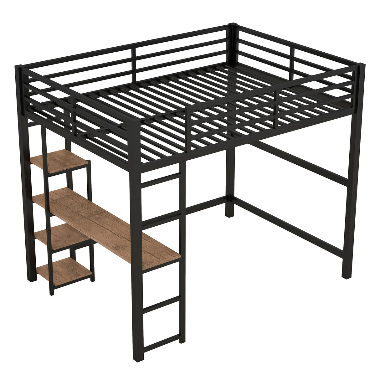 Loft Bed With Built In Desk And Storage Shelves, Full Size - Black