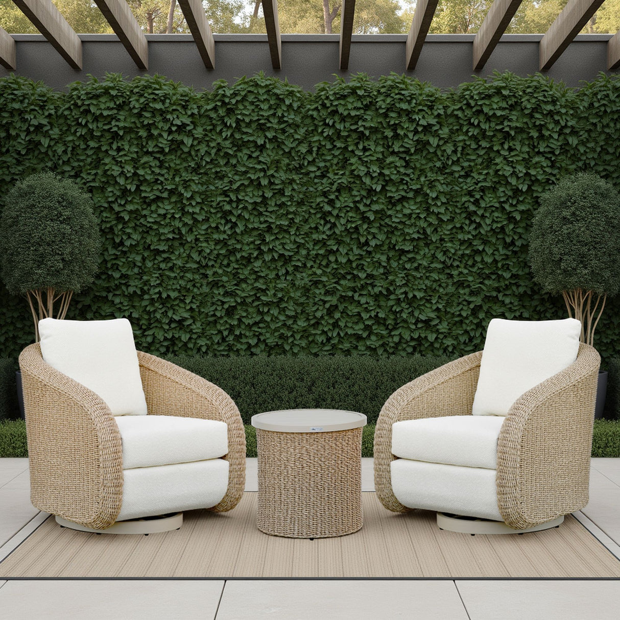Pavilion - 3-Piece Outdoor Conversation Set (Swivel Club Chairs & End Table) - White / Natural