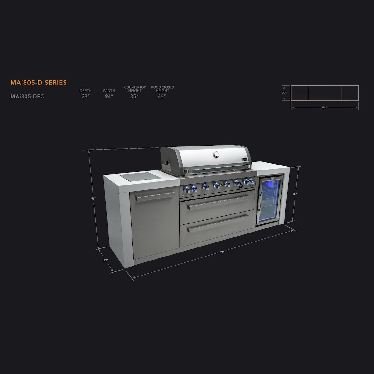 Mont Alpi Deluxe Series 8 Ft Natural Gas Outdoor Kitchen Island w/ Side Burner & Fridge - MAi805-DFC