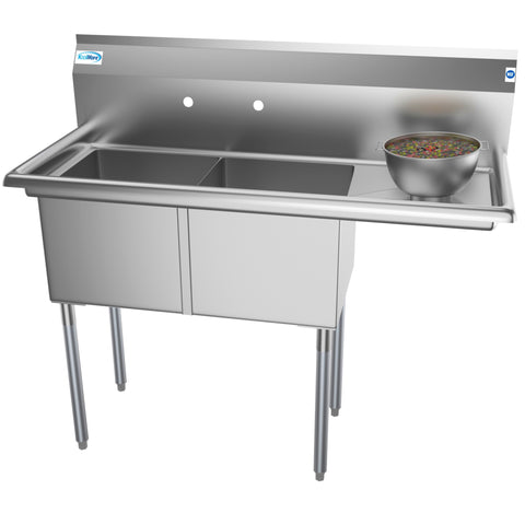 48 in. Two Compartment Stainless Steel Commercial Sink with Drainboard, Bowl Size 15"x 15"x 12" SB151512-15R3.