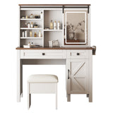 Rustic Farmhouse Makeup Vanity Desk With Sliding Mirror, LED Lights, And Charging Socket - White