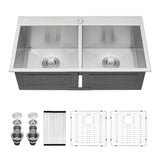 Double Bowl Drop In Sink, Stainless Steel With 50 / 50 Basins 18 Gauge - Brushed Nickel