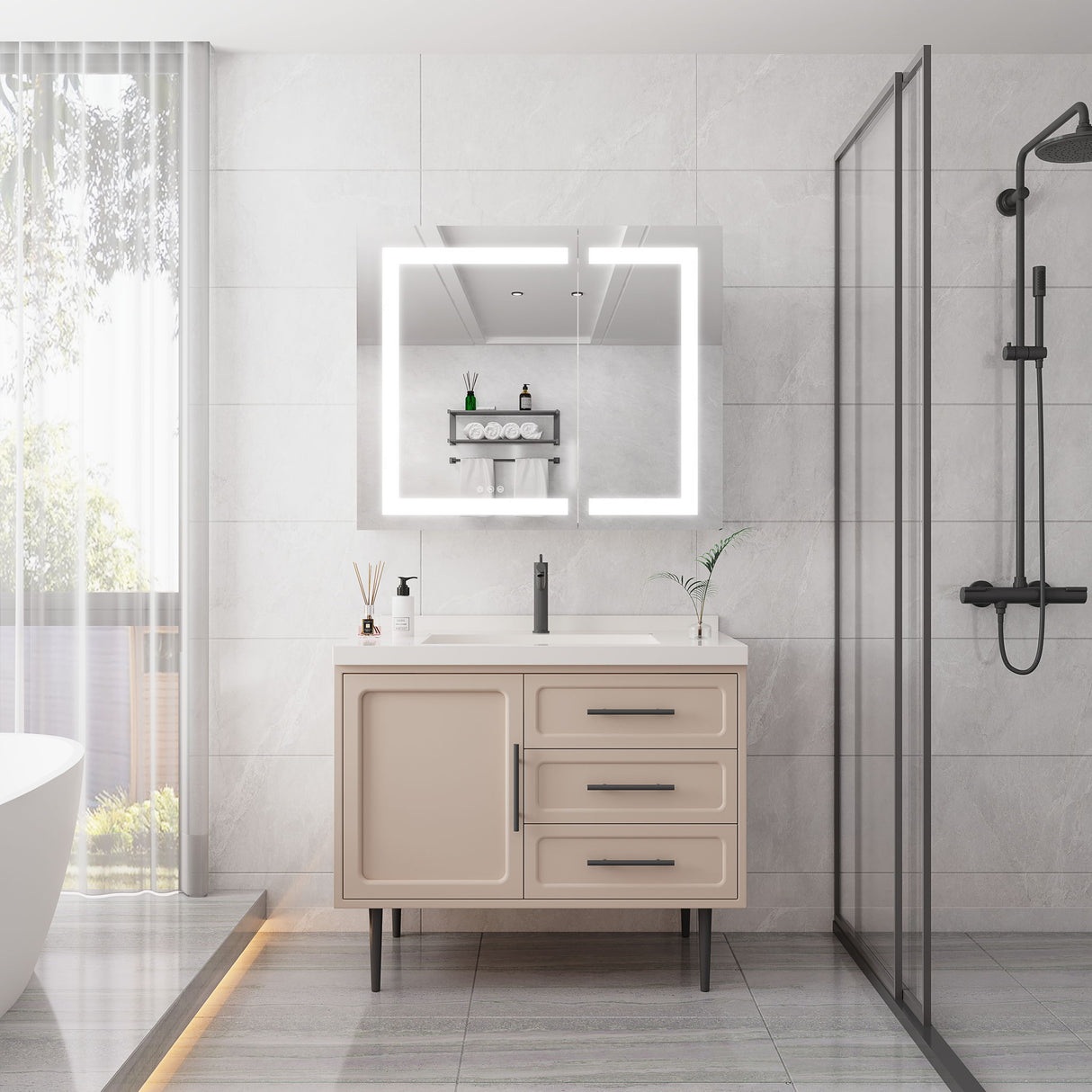 36" X 30" Medicine Cabinet With LED Vanity Mirror, Anti-Fog Recessed Or Surface Mount Bathroom Double Door Large Storage 3000K~6000K Bright Lighted Aluminum Storage Cabinet With Touch Switch - Silver