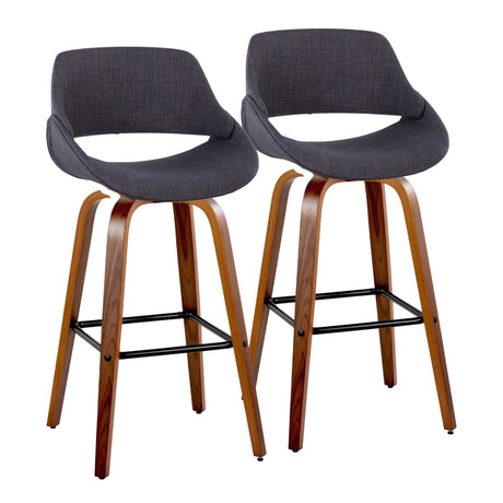 Fabrizzi - 30" Fixed-Height Barstool With Swivel And Square Black Metal Footrest (Set of 2) - Walnut Wood