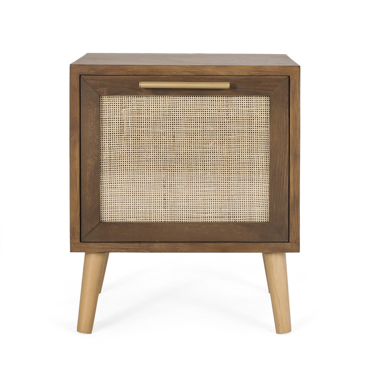 Contemporary End Table With Rattan - Walnut