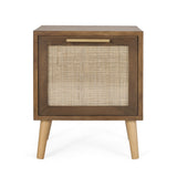 Contemporary End Table With Rattan - Walnut