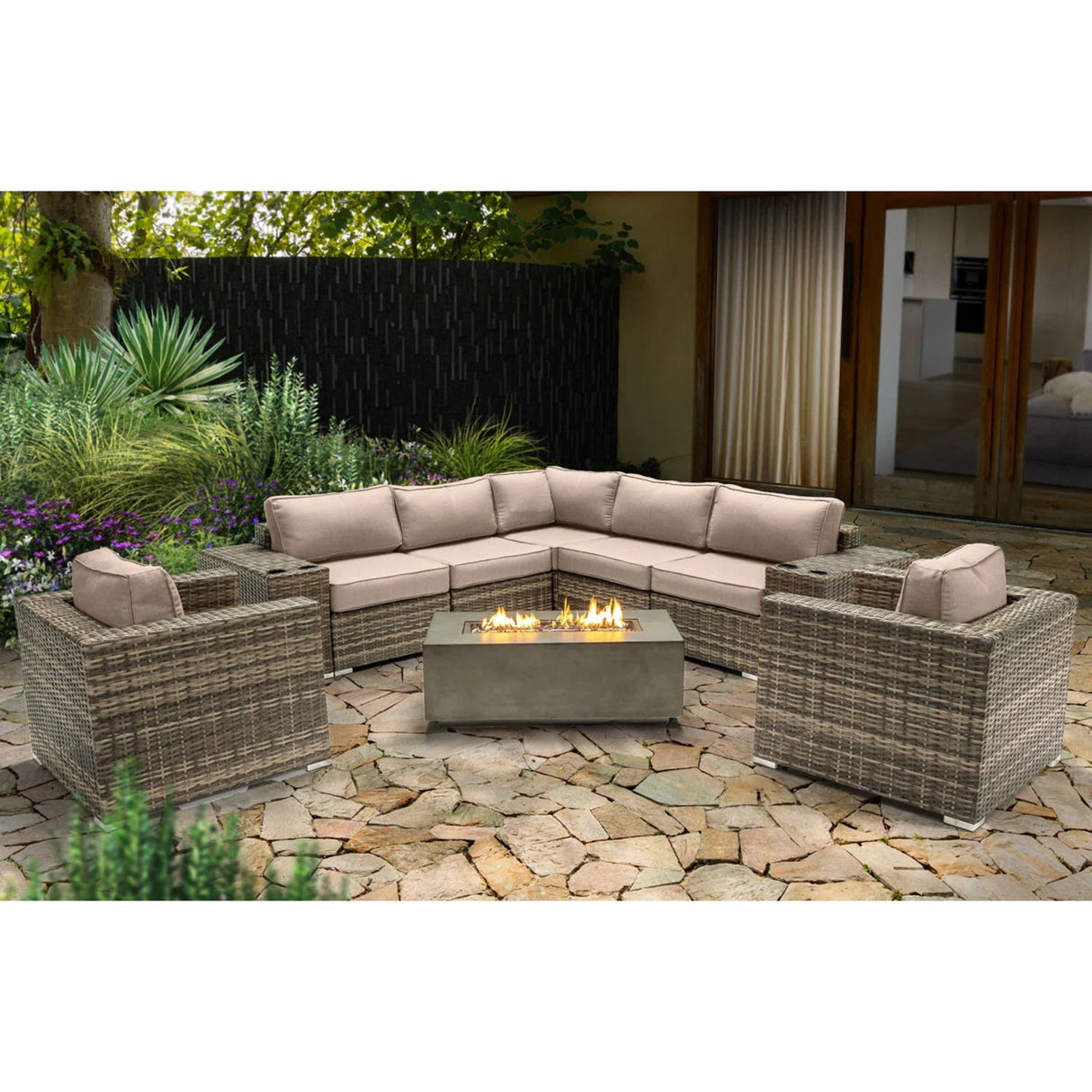 Rattan Wicker Patio Set With Cushions And Concrete Fire Pit