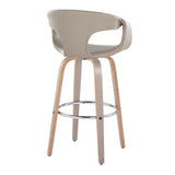 Curvo - 30" Fixed-Height Barstool With Swivel And Round Chrome Metal Footrest (Set of 2) - Light Gray Wood And Light Gray Faux Leather