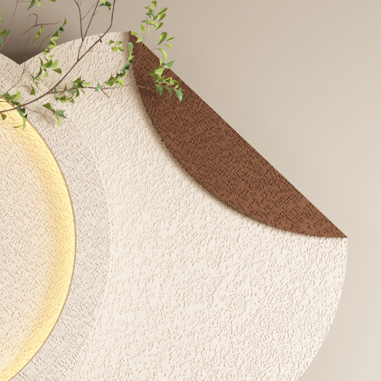 Adjustable 3 Color LED Sandstone Double Disc Wall Art With Simulated Greenery, Vase & Rabbit Statue - Light Coffee