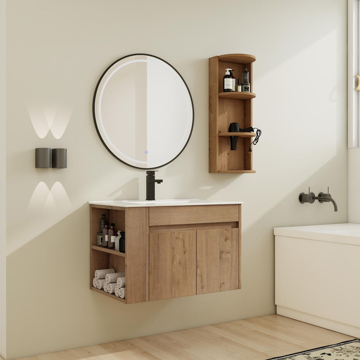 Modern Wall Mounted Bathroom Vanity With Sink And Storage Rack Soft Close Doors Plywood - Imitative Oak