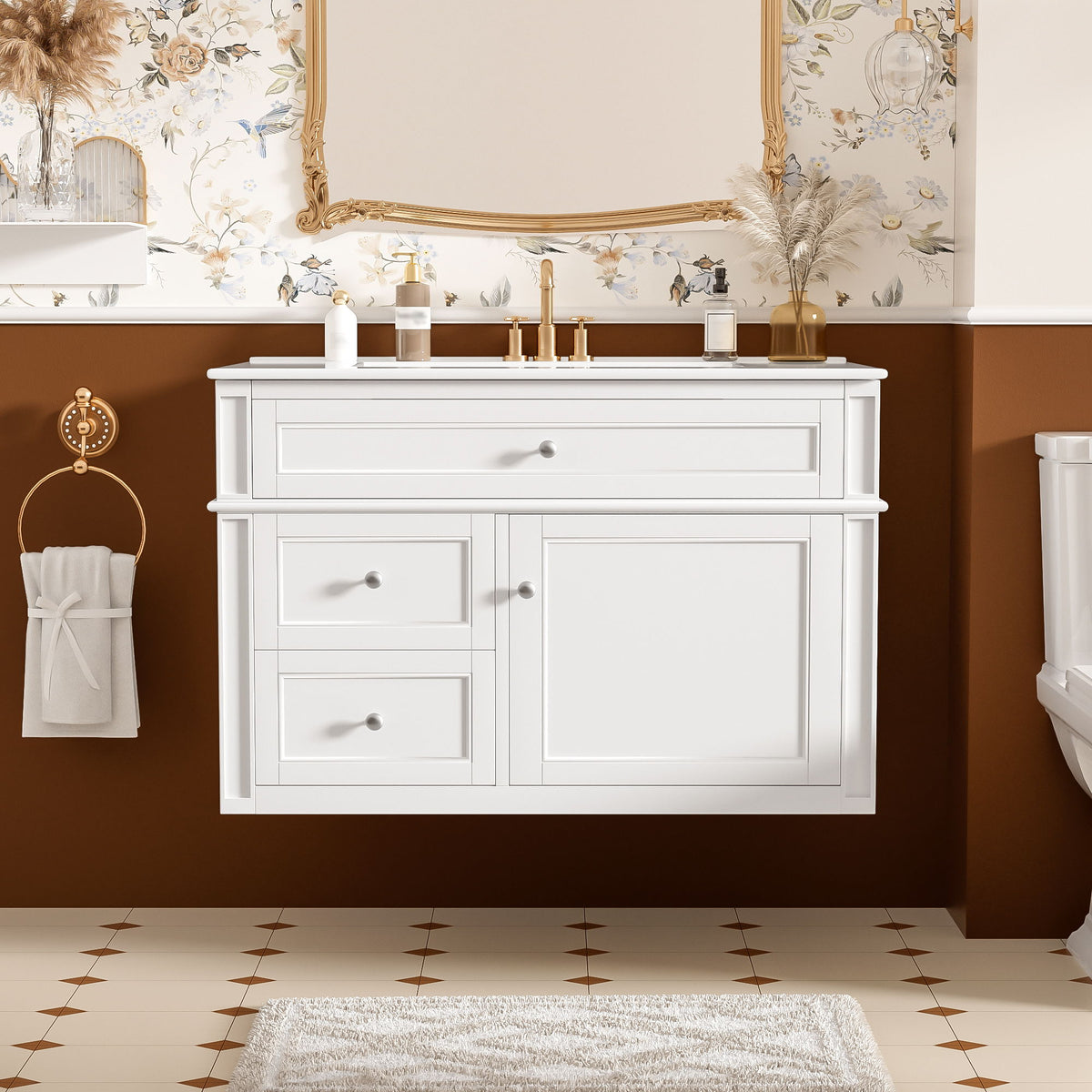 Wall Mounted Bathroom Vanity With 2 Drawers, 1 Tip Out Drawer, 3 Holes Sink