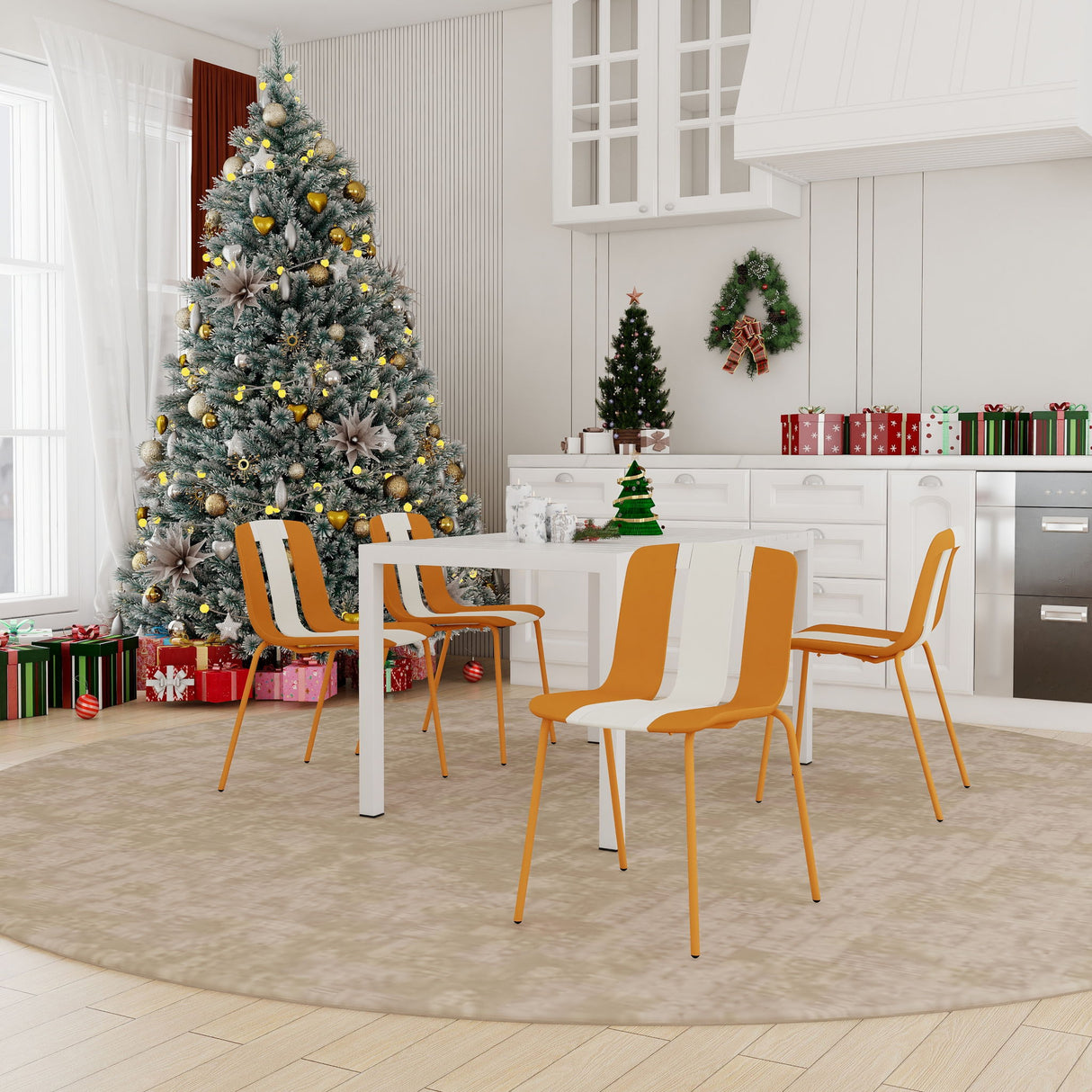 4 Piece Set Of Modern Striped Color- Blocking Single Chairs With Long Table