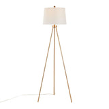 Tripod - Metal Floor Lamp - Gold Metal, White Linen