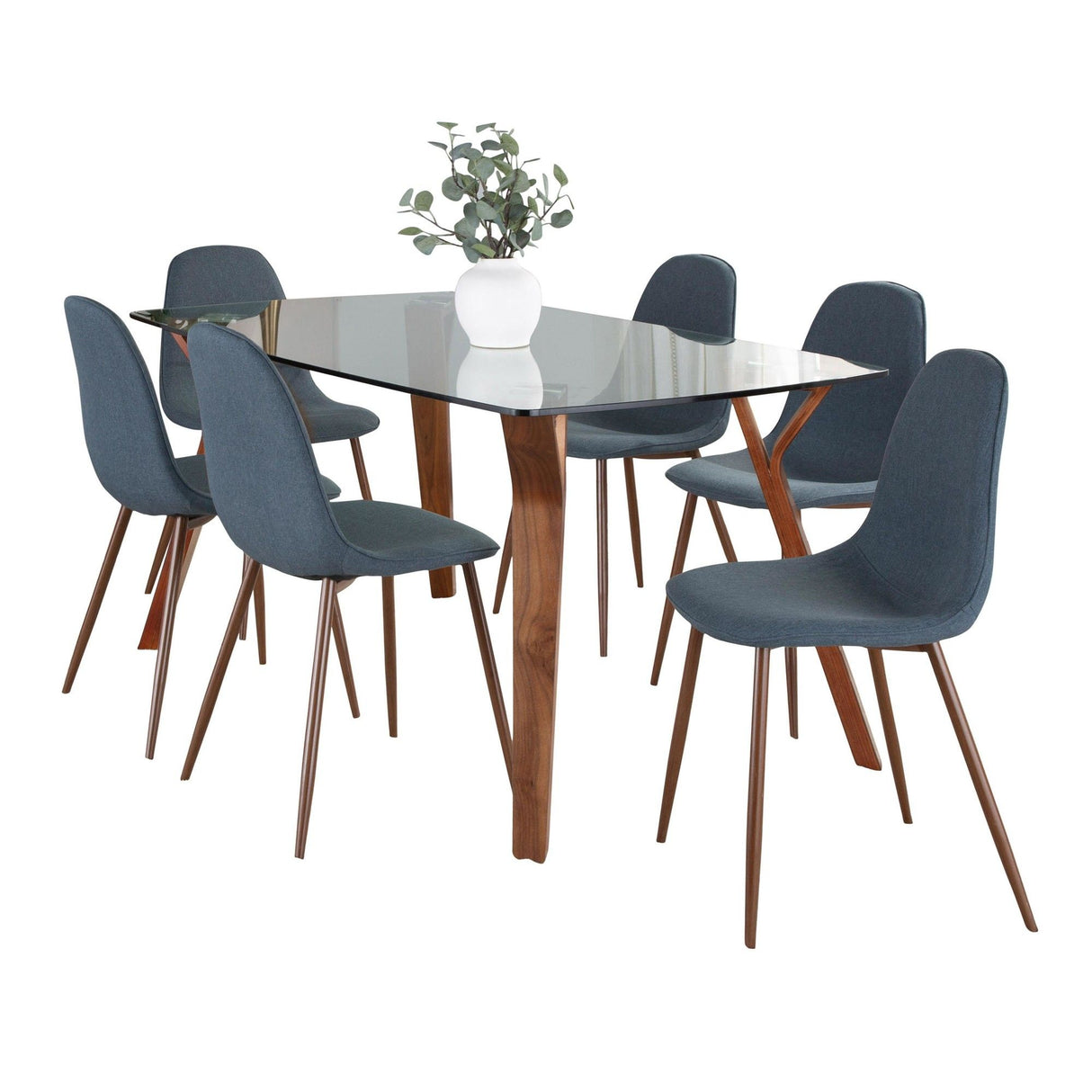 Folia - Pebble Mid-Century Modern 7 Piece Dining Room Set - Walnut Wood, Clear Tempered Glass, Walnut Metal And Blue Fabric