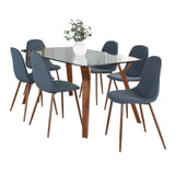 Folia - Pebble Mid-Century Modern 7 Piece Dining Room Set - Walnut Wood, Clear Tempered Glass, Walnut Metal And Blue Fabric