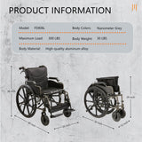 Lightweight Foldable Nursing Wheelchair For Adults Double X Force Support, 300Lbs Capacity, Breathable Cushion & Anti Backflip Design With Tires, Adjustable Seat Belt, Quick Release Wheels - Gray