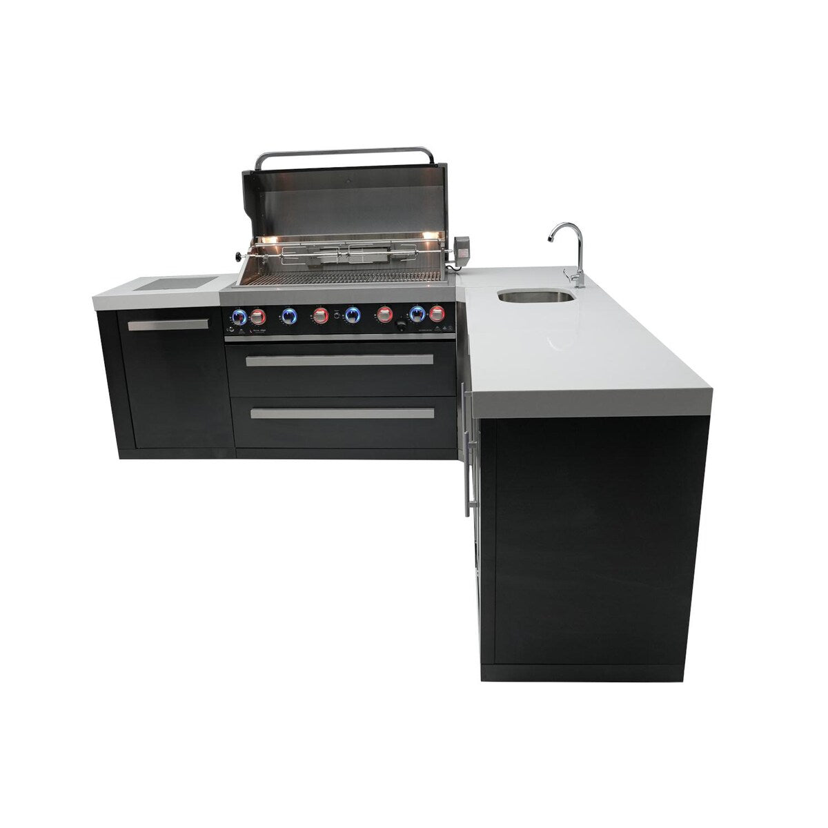 Mont Alpi Black Series 8 Ft L-Shaped Propane Outdoor Kitchen Island w/ Side Burner, Fridge, & Beverage Center- MAi805-BSS90BEVFC