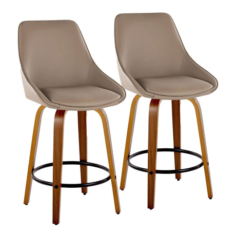 Diana - 26" Fixed-Height Counter Stool With Swivel And Round Black Metal Footrest (Set of 2) - Walnut Wood