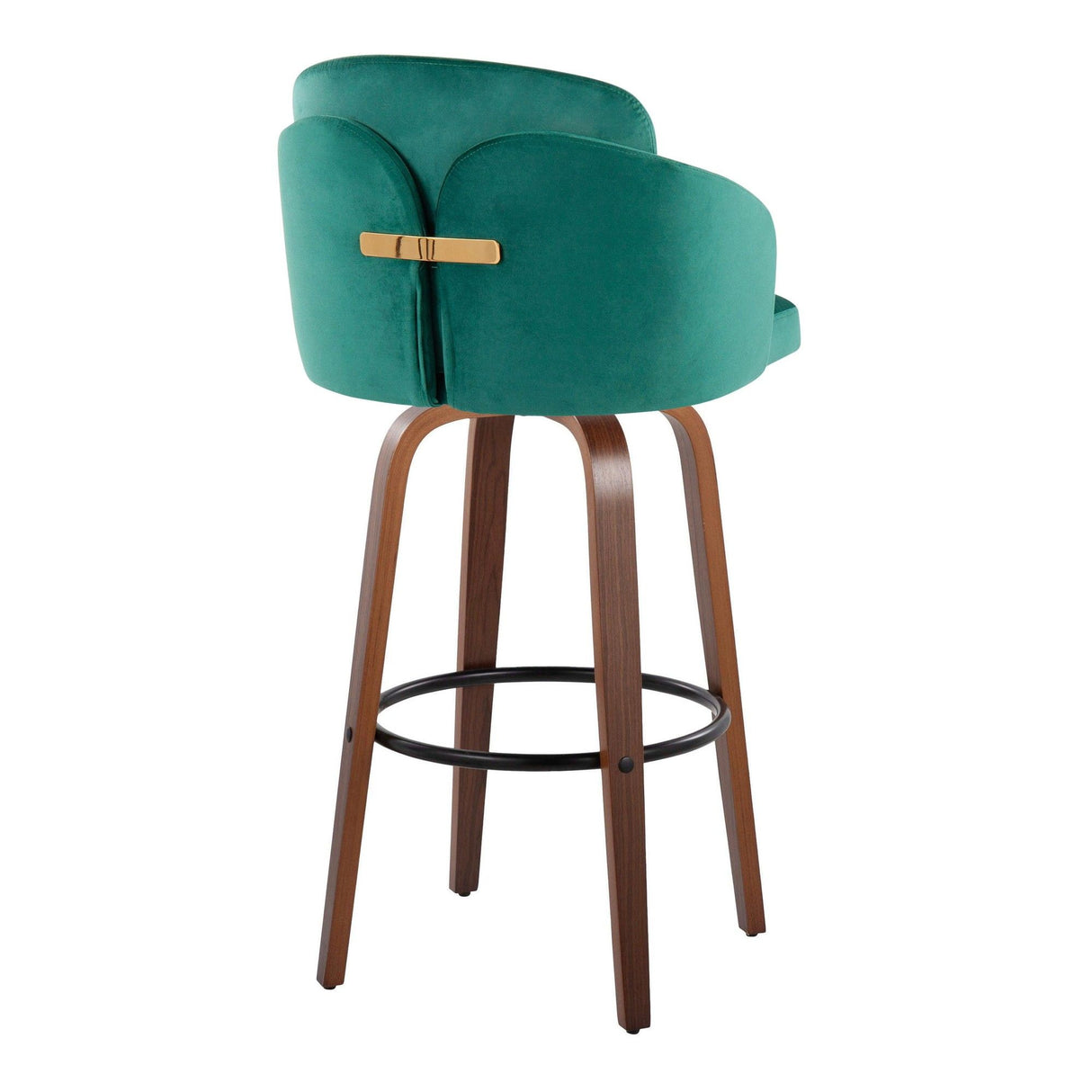 Dahlia - Fixed-Height Barstool (Set of 2) - Walnut Wood, Green Velvet, Black Metal, Gold Metal