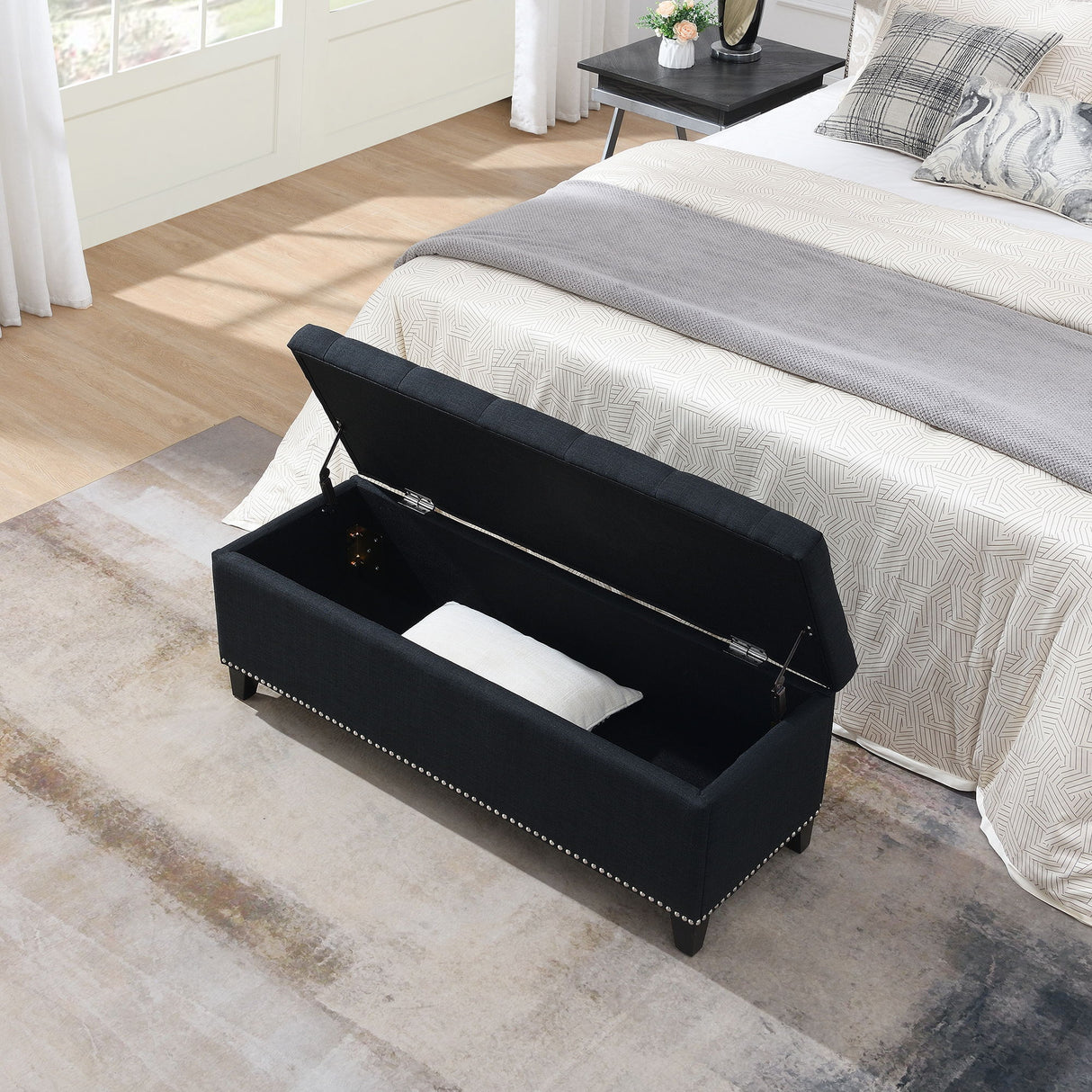 Button Tufted Storage Ottoman, Living Room Bench With Safety Close Hinge - Black