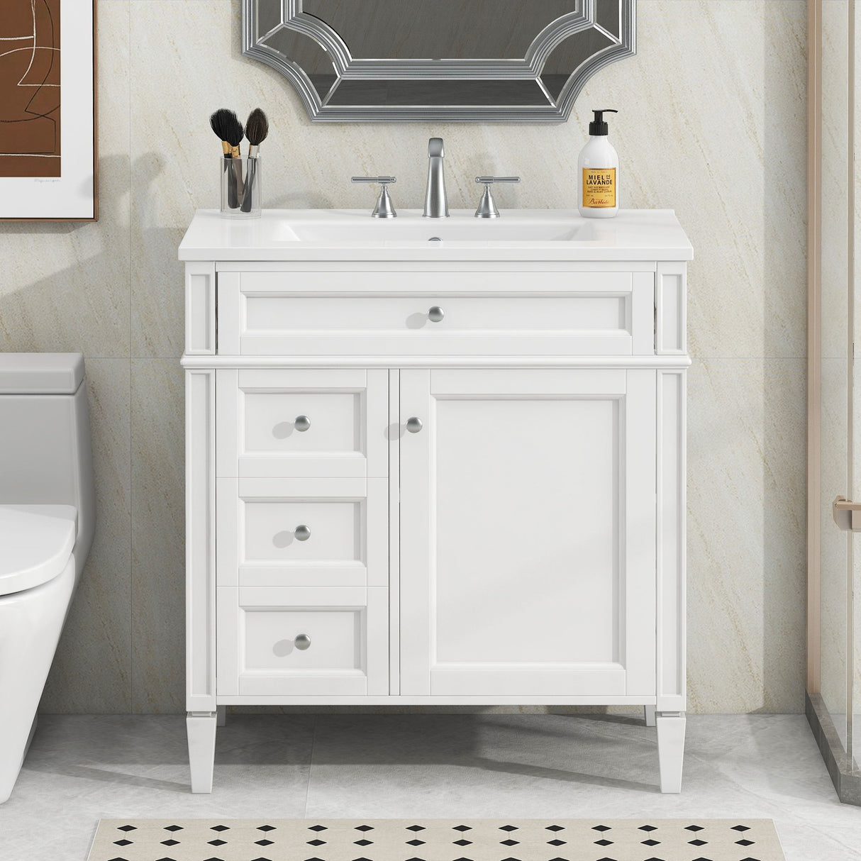 Bathroom Vanity With Top Sink, Modern Bathroom Storage Cabinet With 2 Drawers And A Tip-Out Drawer