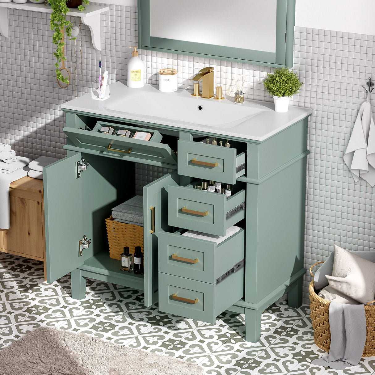Bathroom Vanity With Sink, Soft Close Doors, 4 Storage Drawers