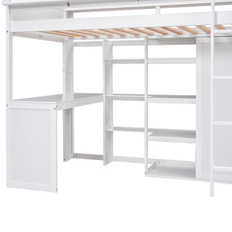 Loft Bed With Built In Desk, Storage Shelves, And Wardrobe