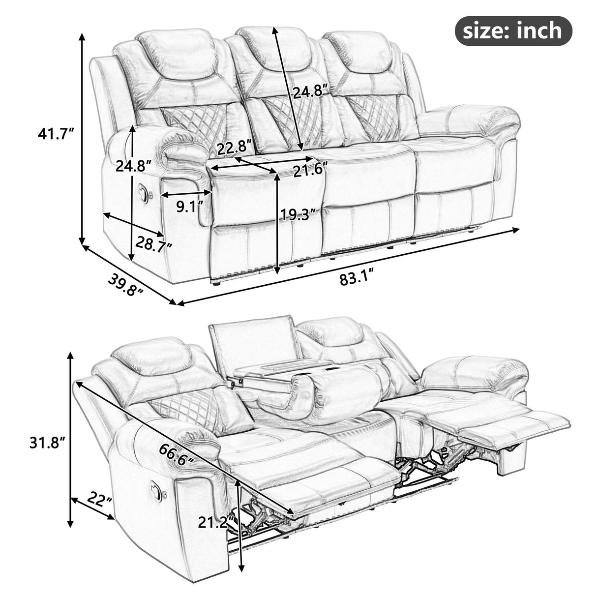 Home Theater Seating Manual Recliner Chair With Center Console And LED Light Strip For Living Room - Red
