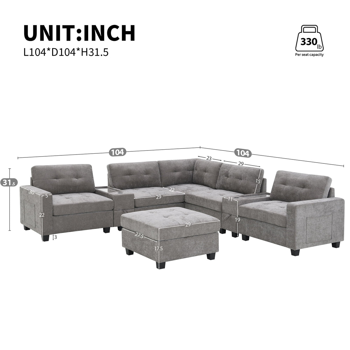 Sectional With Acrylic Table Top U Shaped Couch Set With 2 Consoles USB Charger, Storage Drawers And Pockets Movable Ottoman Tufted Sofa
