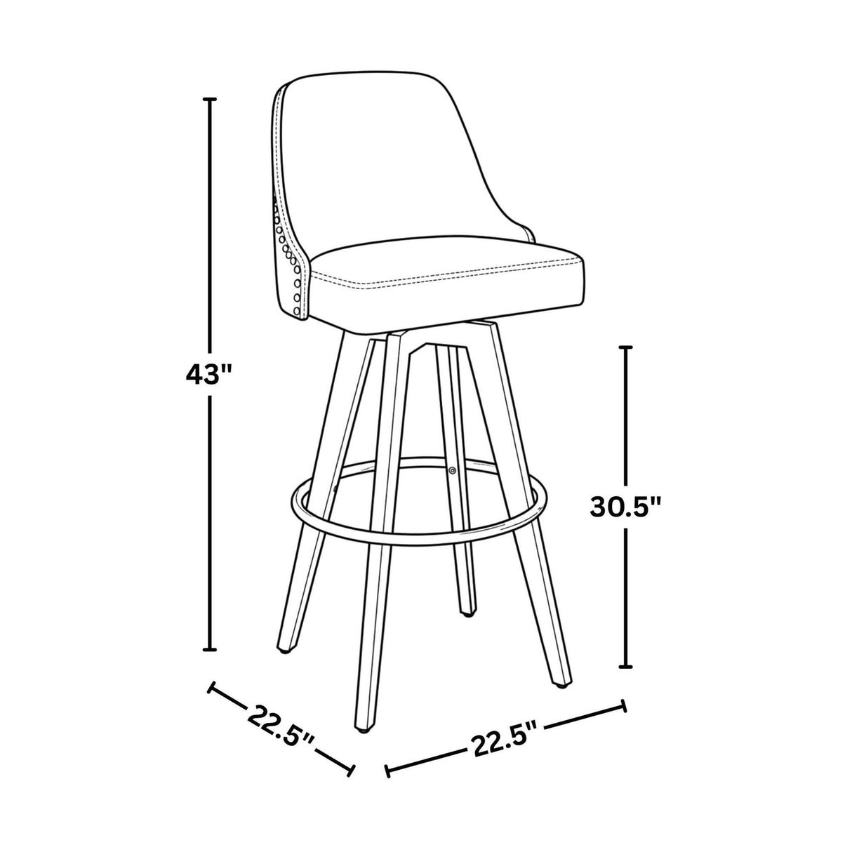 Studded - Marcel Fixed-Height Barstool (Set of 2) - Black Wood, Black Faux Leather, Chrome Metal