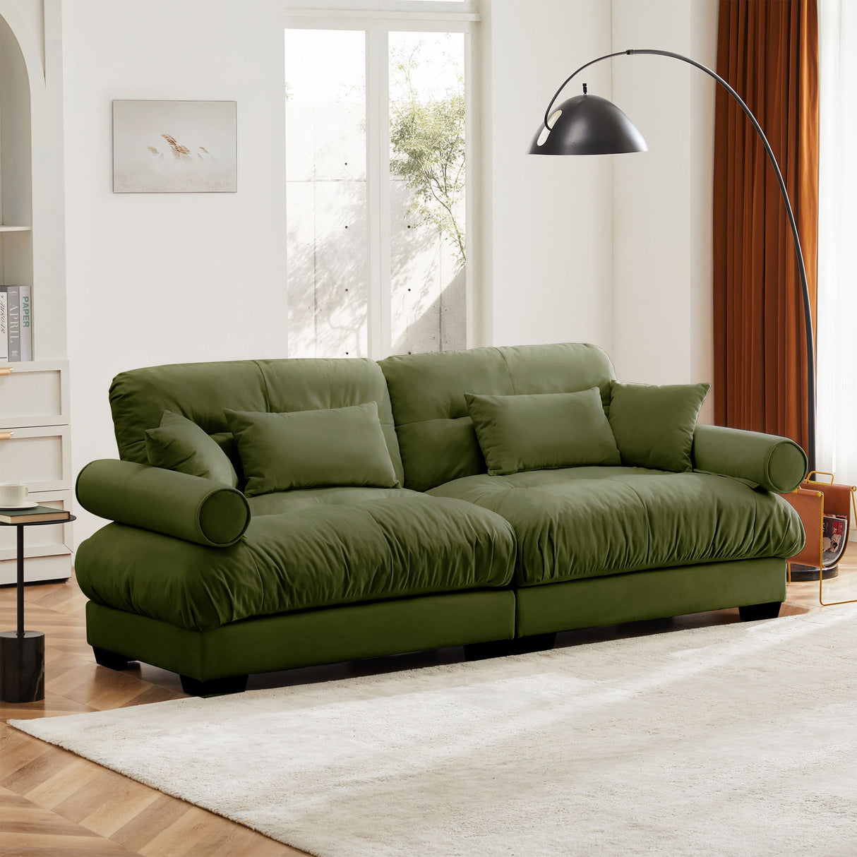 Modern Velvet Sofa With Bolstered Armrests And Pillows