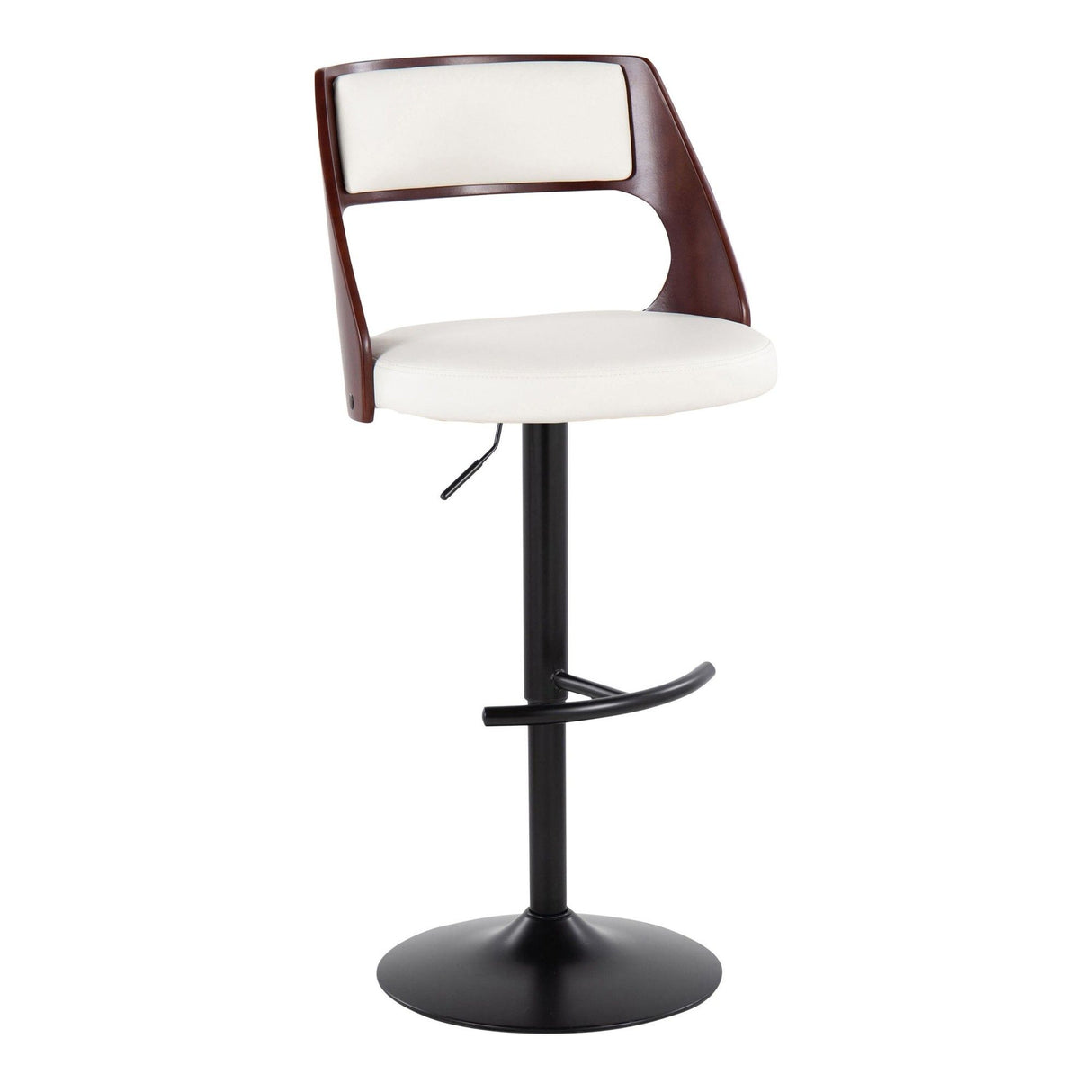 Cecina - Contemporary Adjustable Swivel Barstool (Set of 2) - Black Metal, Cherry Wood, And White Faux Leather With Rounded T Footrest