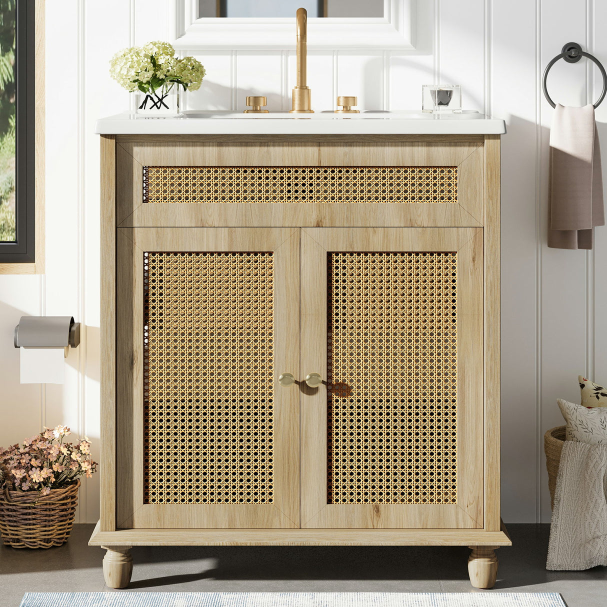 Bathroom Vanity With Handwoven Rattan Doors, Resin Basin - Natural Wood