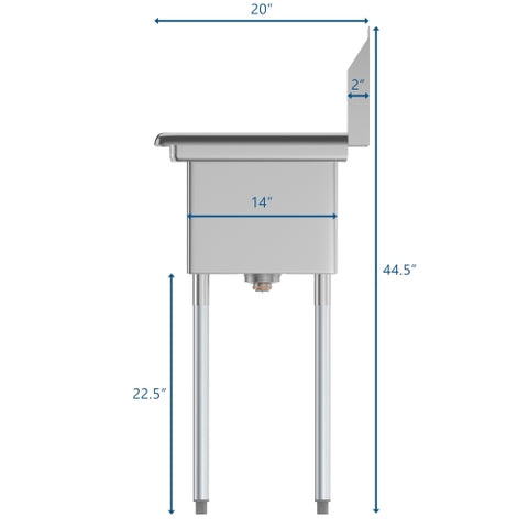25 in. One Compartment Stainless Steel Commercial Sink with Drainboard, Bowl Size 10" x 14" x 10" SA101410-12L3.