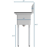 25 in. One Compartment Stainless Steel Commercial Sink with Drainboard, Bowl Size 10" x 14" x 10" SA101410-12L3.