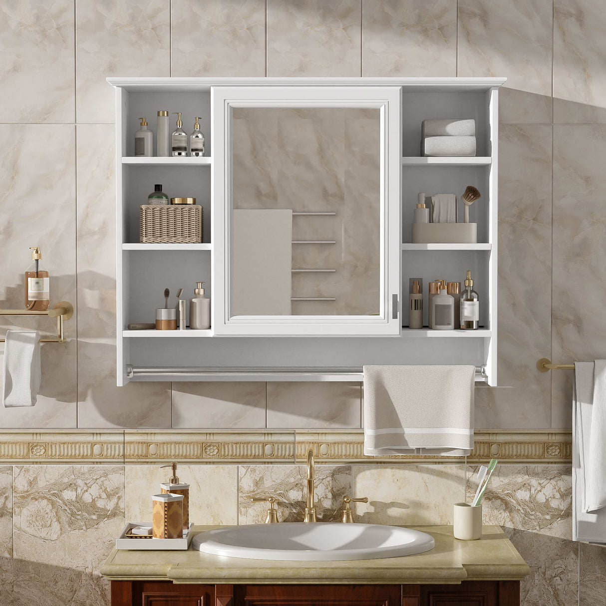 Modern Wall Mounted Mirror Cabinet With Adjustable Shelf, Soft Close Door, And Towel Bar