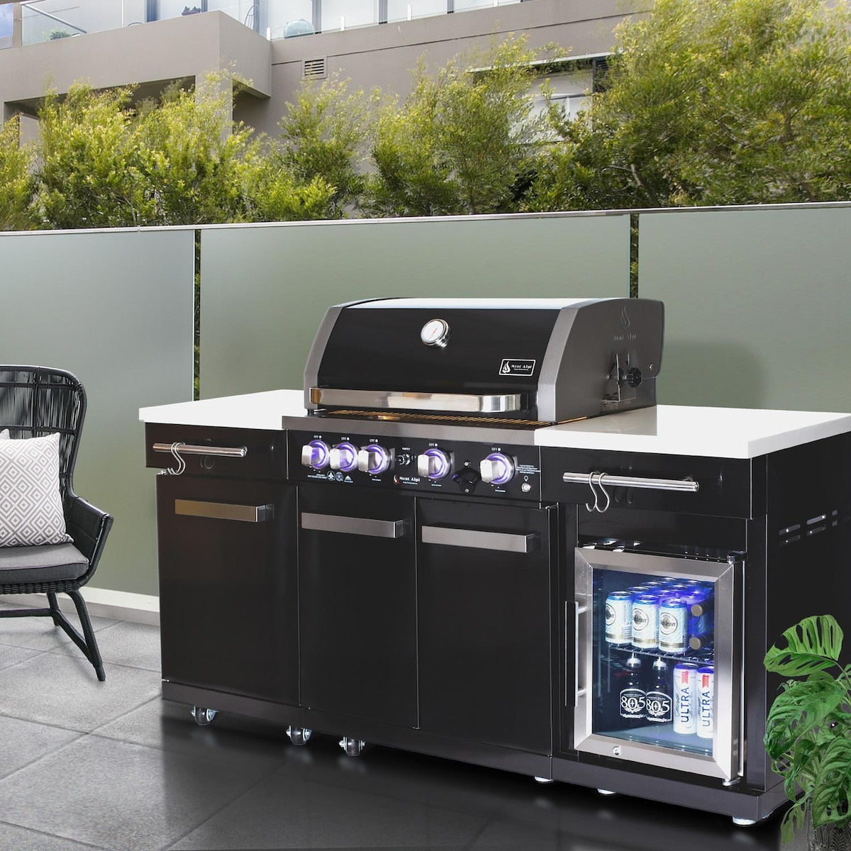 Mont Alpi Compact Series 6 Ft Propane Outdoor Kitchen Island w/ Fridge in Black Stainless Steel - MA-957FC